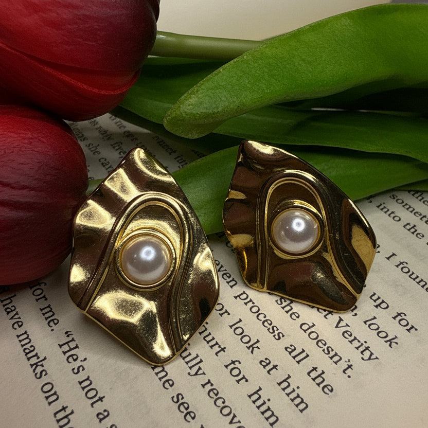 Textured Gold Pearl Earrings