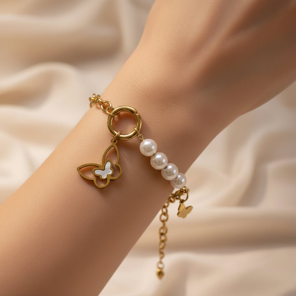Butterfly Pearl Charm Bracelet